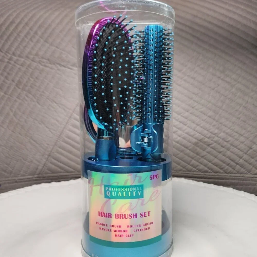 NEW 5-Piece Hairbrush Brush Set Hand Mirror Beauty Brushes Blue Easter Basket